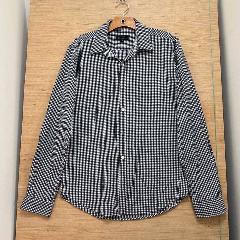 Barneys New York Mens Navy Blue White Gingham Check‎ Button Down Shirt Size M